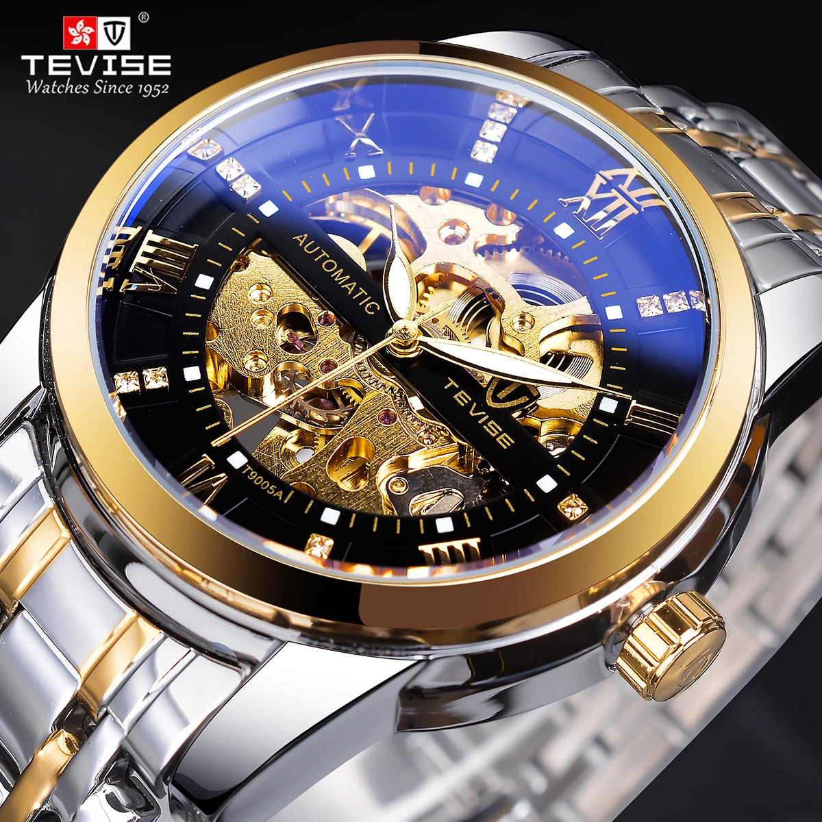 Fashion Tevise Retro Diamond Design Black Gold Mechanical Top Brand Automatic Full Steel Luxury Skeleton Waterproof Wrist Watch