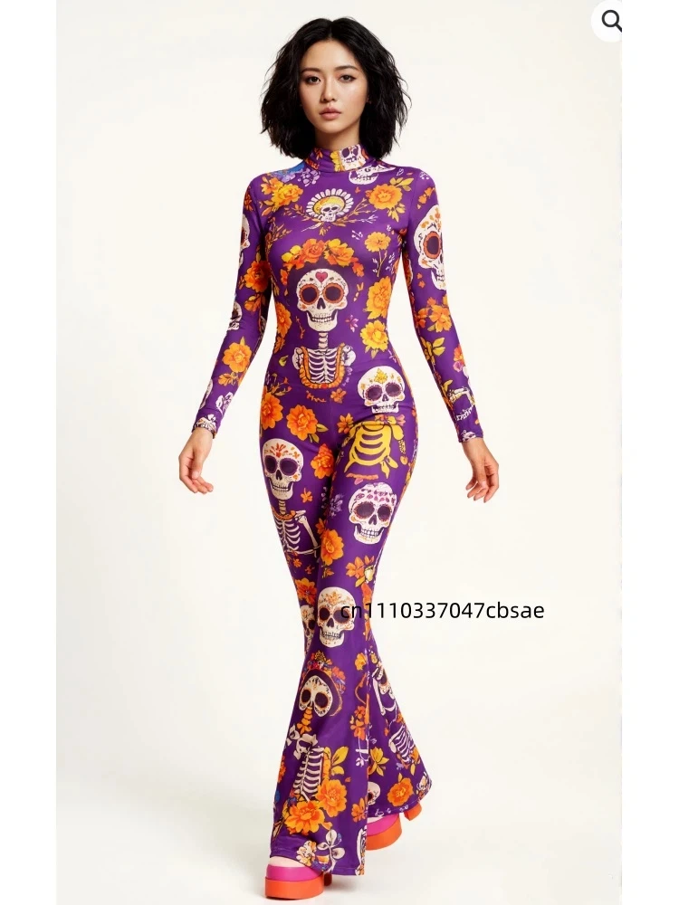 Damen Halloween Sugar Skull Bell Bottom Jumpsuit mit hohem Kragen, ausgestelltem Bein, Skelett- und Blumenmuster, Bodysuit für Day of the Dead Cosplay Festival Zentai – Detail 6