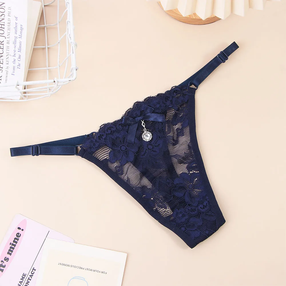 Low-waist Women Thong Transparent Seamless T-Back G String Cotton Crotch Pendant diamond Sexy Briefs Lace Panties