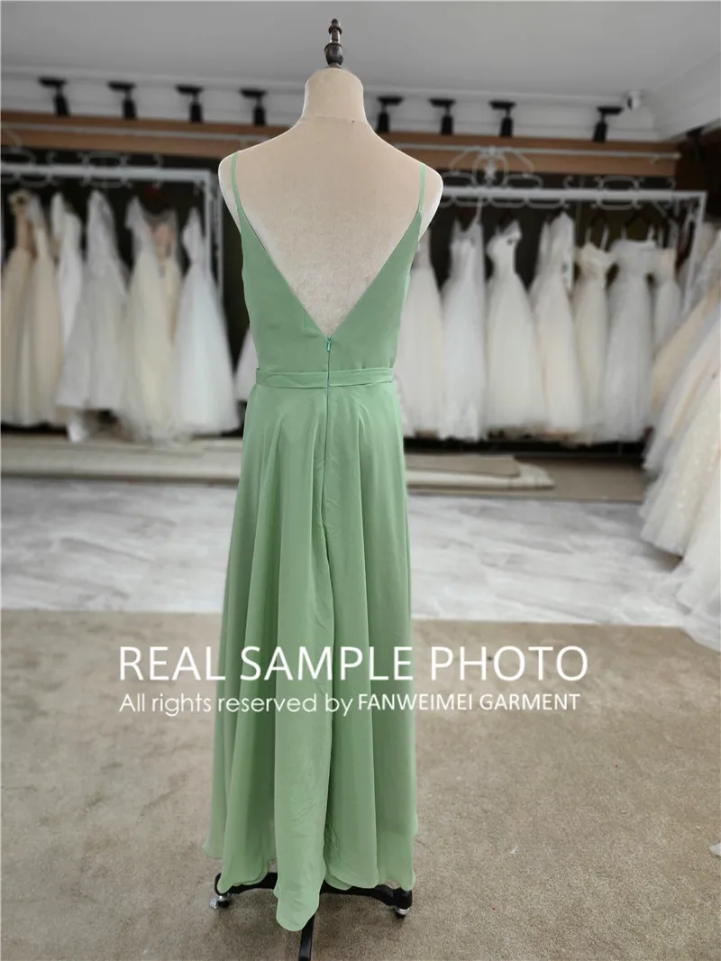 # 9068 foto real cinta de espaguete com decote em v personalizado verde vestido de dama de honra vestido adulto destino convidado vestido de dama de honra