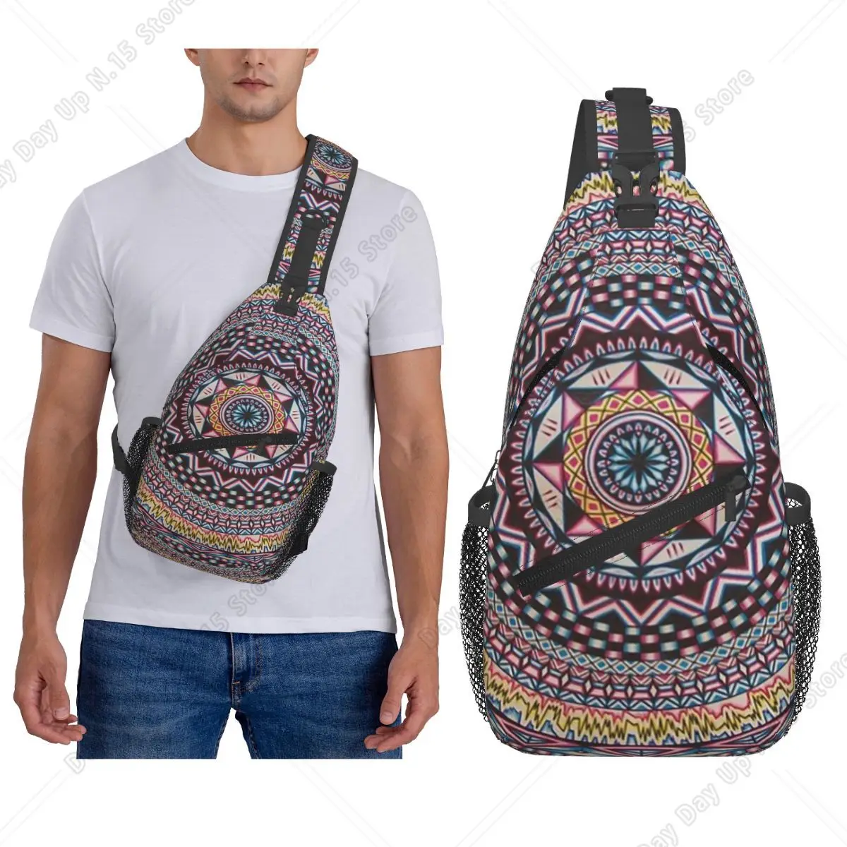 Mandala Psychedelic Bohemian Boho Chest Bag Men Sling Crossbody Backpack Chest Bag Travel Hiking Daypack Shoulder Bag