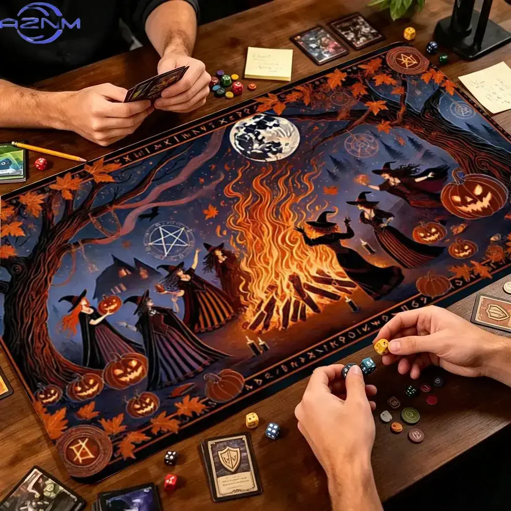 Witch Bonfire Pumpkin Moon Night Halloween TCG Playmat Large Desk Mat Mouse Pad Mousepad Non‑Slip For Trading Card Game Tabletop