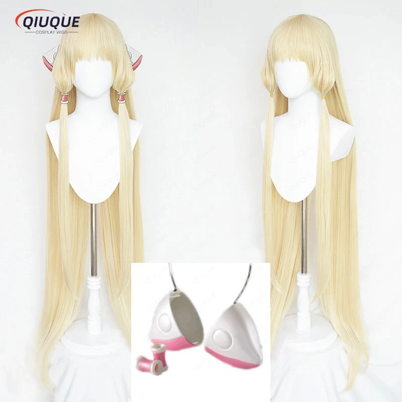 

51 inches 130cm Long Milk Golden Chobits Chii Blonde Cosplay Wigs With Cosplay Prop Ears Heat Resistance Hair Wigs + Wig Cap