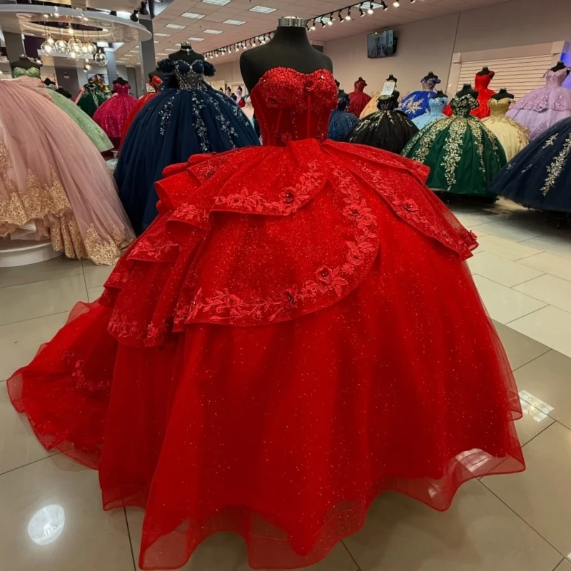 

Red Shiny Quinceanera Dresses Ball Gown Off The Shoulder Applique Beads Tull Corset Party Birthday Sweet 16 Dress Vestidos 15