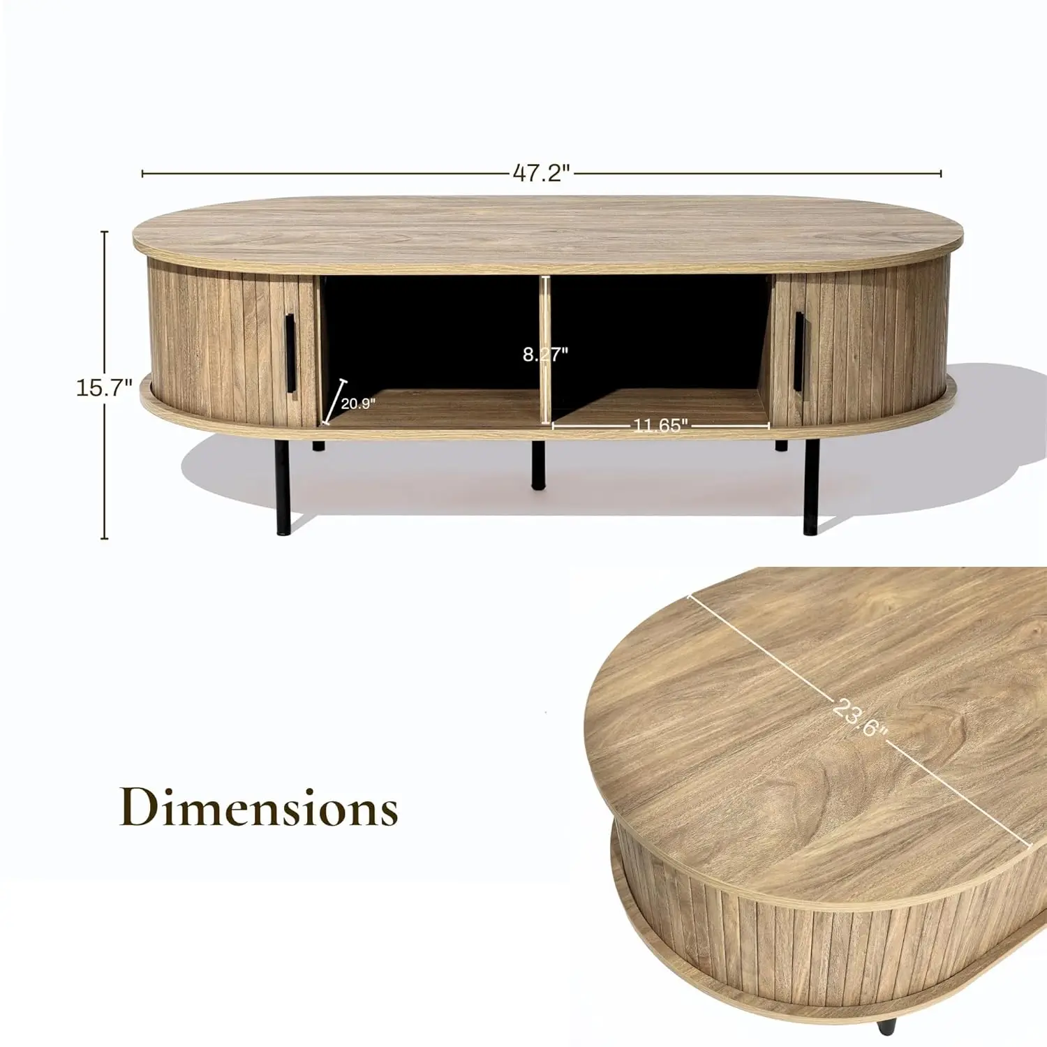 Owalny stolik kawowy z miejscem do przechowywania, 120 cm, w stylu mid-century modern, stoliki kawowe z rowkami do salonu, na zamówienie