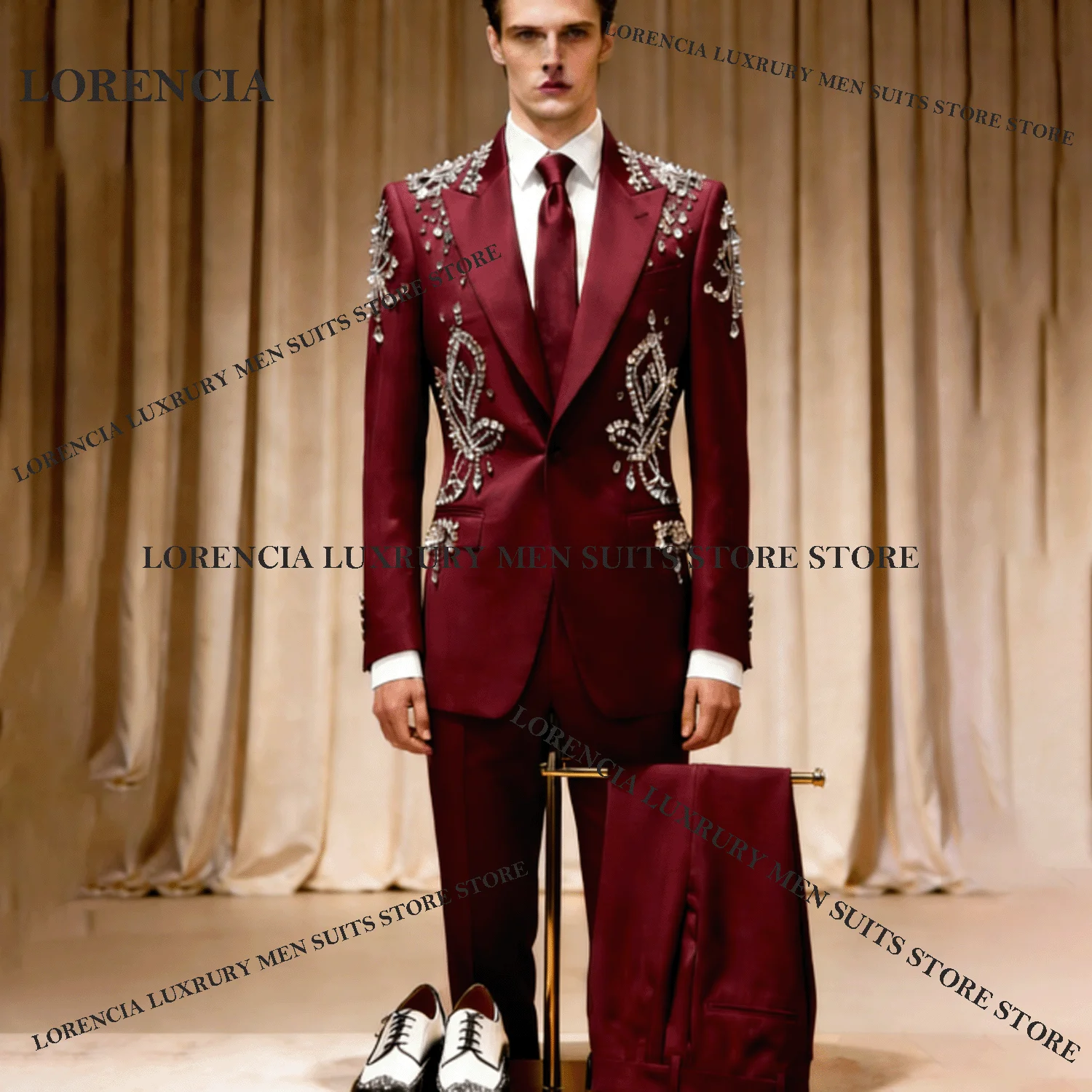 

Customized Crystals Rhinestone Men Suits Peaked Lapel Ropa Hombre Formal 2 Pieces Sets Groom Tuxedos Wedding Male Party Blazer