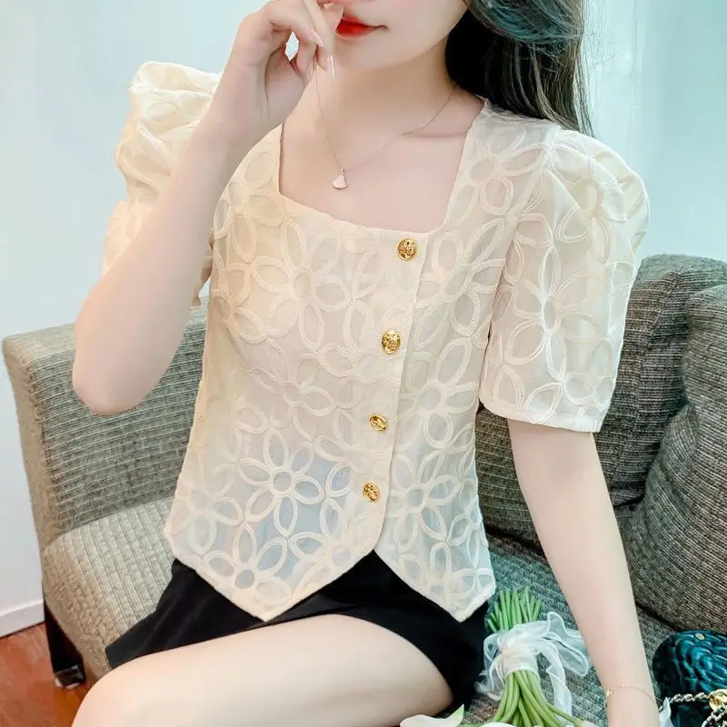 

Square Collar Bubble Short Sleeve Chiffon Blouse Women's Summer New Fashion Short Top