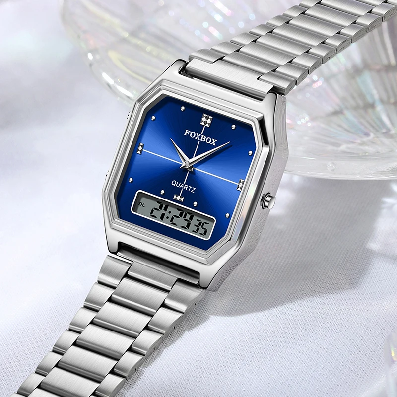 FOXBOX New Original Luxury Women's Quartz Wristwatches Fashion Simple Square Stainless Steel Waterproof Digital Watch For Women