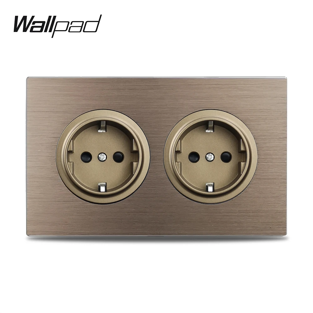 Double EU French Electrical Power Outlet Brown Brushed Aluminum Panel Wall Socket 146 * 86mm Wallpad L6 image 3