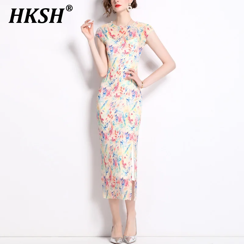 

HKSH Summer New Women Tide Chic Original Design High Street Elegant Printed Short Sleeved O-neck Inner Suspenders Dresses HK6356