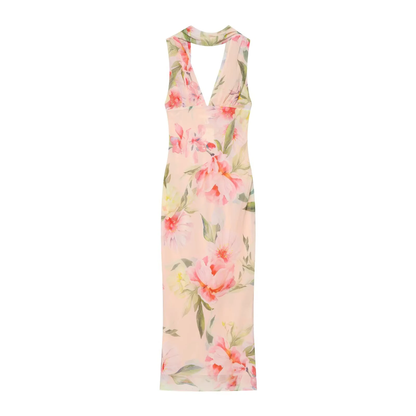 Damenkleid im Urlaubsstil mit Blumenmuster, Sommerkleid mit V-Ausschnitt, ärmellos, Neckholder, schmal geschnitten, tailliert, langes Kleid