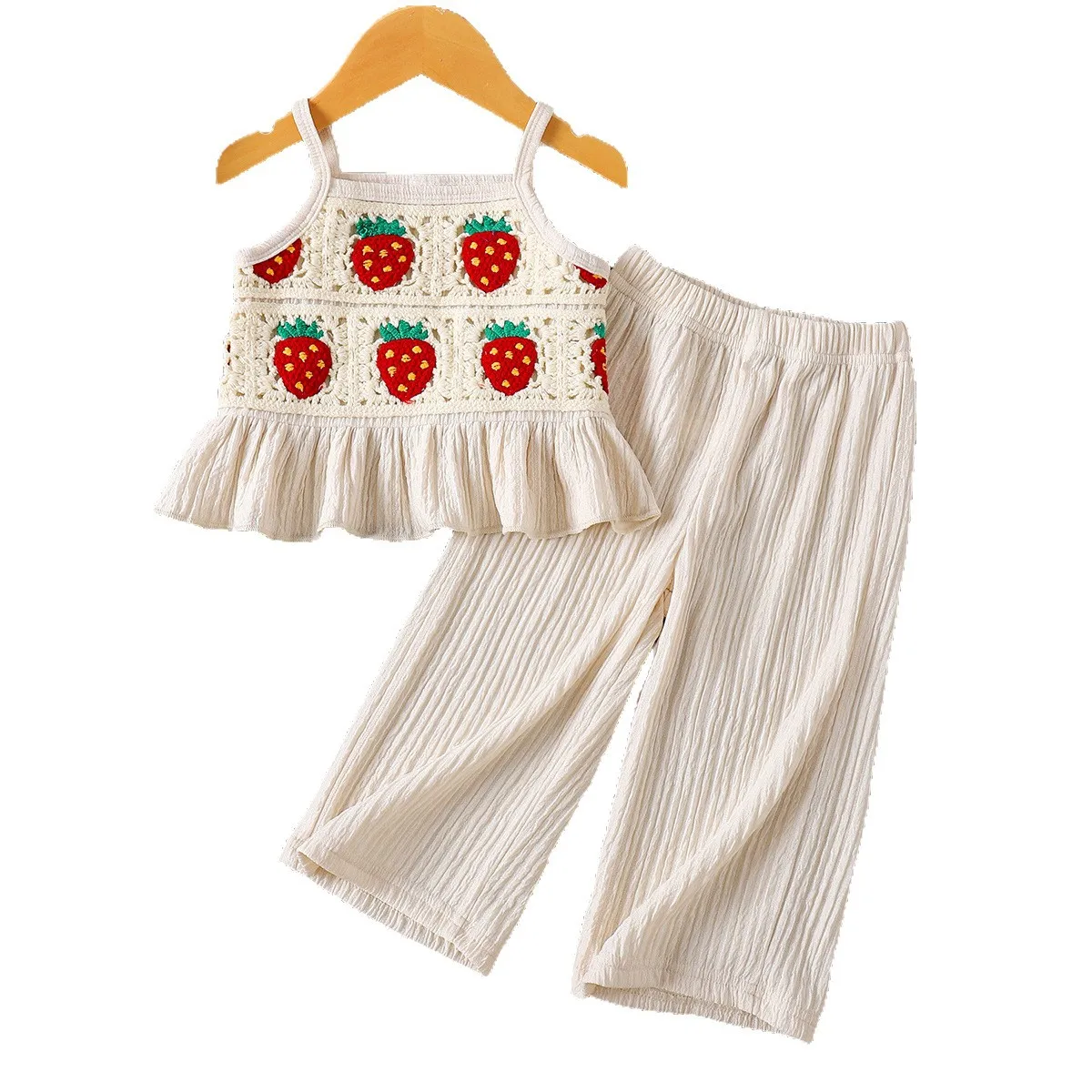 Toddler Girls Summer 2 Piece Outfit Crochet Strawberry Ruffle Cami Top Wide Leg Pants Kids Sling Vest Loose Trousers Clothes Set