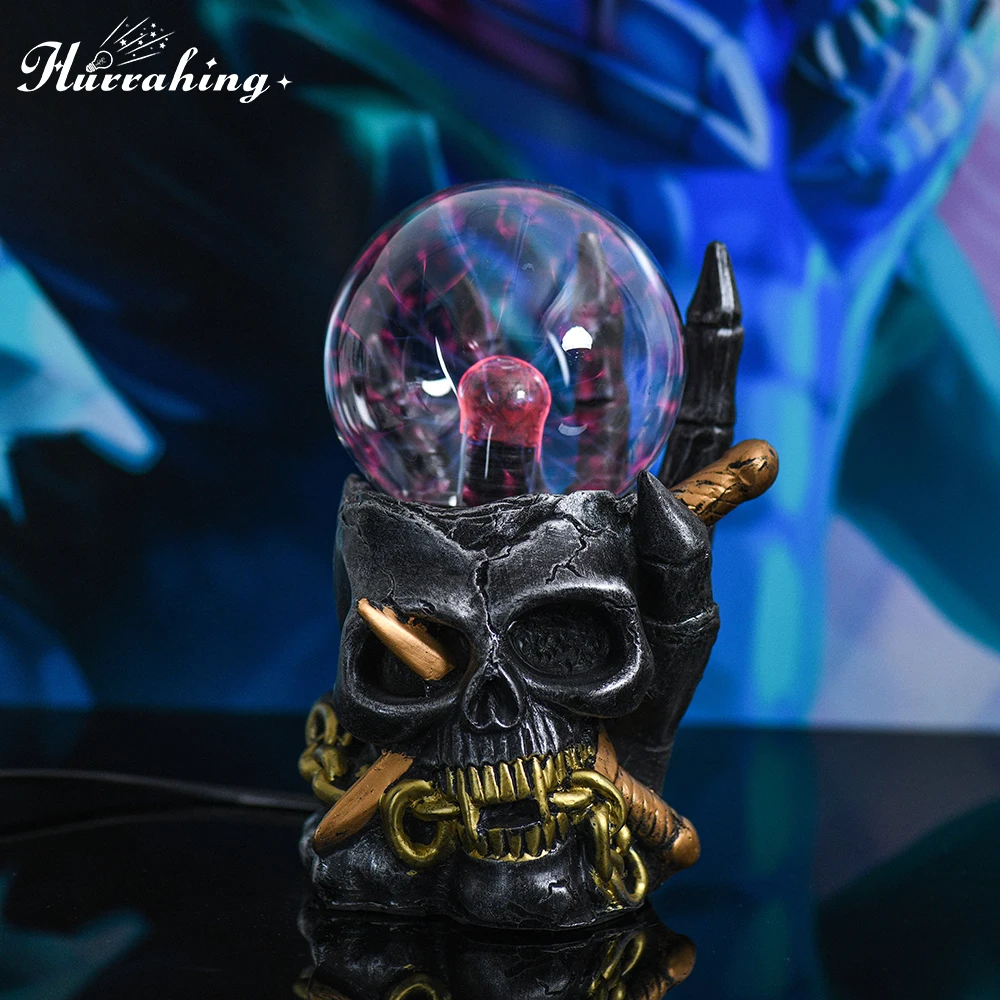 

Плазменная лампа с золотой цепочкой и черепом Hurrahing, 4-дюймовый атмосферный ночник, декор для рабочего стола, подарок на Хэллоуин, распродажа