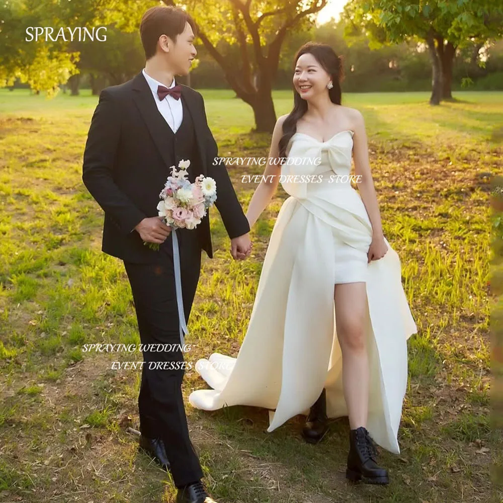 

SPRAYING Sweetheart Bow Corset Wedding Korea Photo Shoot Dress 웨딩드레스 Elegant A line Front Short Rear Long Bridal Gown Customized