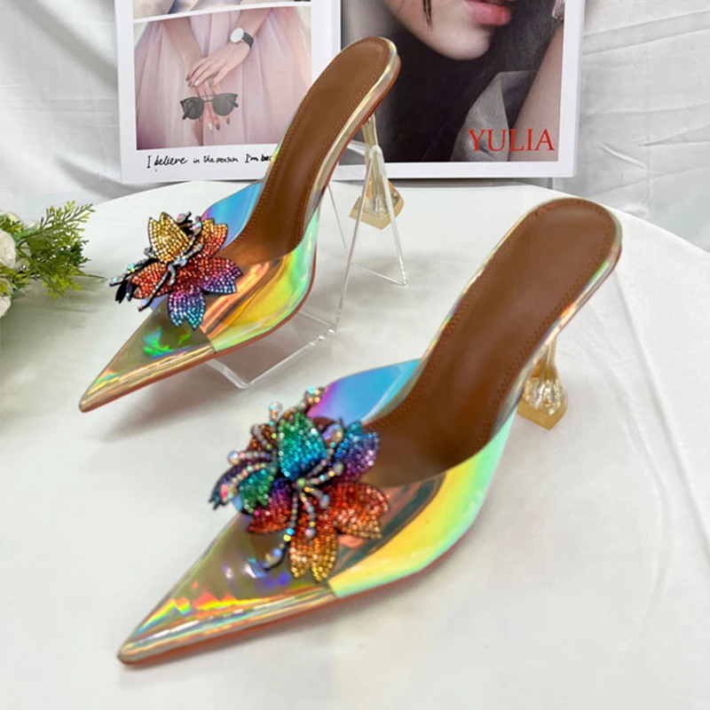 Sandalias de tacón de copa de vino con lazo de película transparente para mujer, zapatos de tacón alto con tira trasera, coloridos, Sexy, verano, 2024