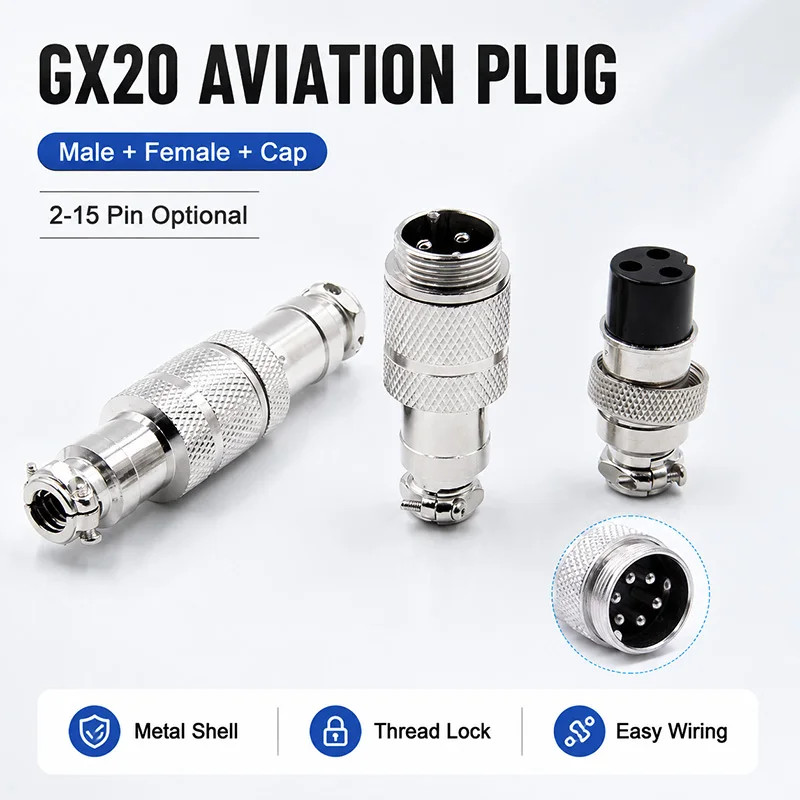 GX20 2 3 4 5 6 7 8 9 10 12 14 15 Pin Male Female Aviation Connector Set Circular Metal Cable Docking Plug Socket 1 Set for Panel