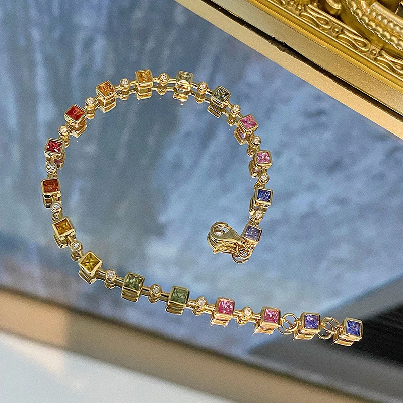 Aazuo Original 18K Yellow Gold Natrual Color Sapphire Real Diamond Rainbow Bracelet For Woman Upscale Trendy Engagement Party