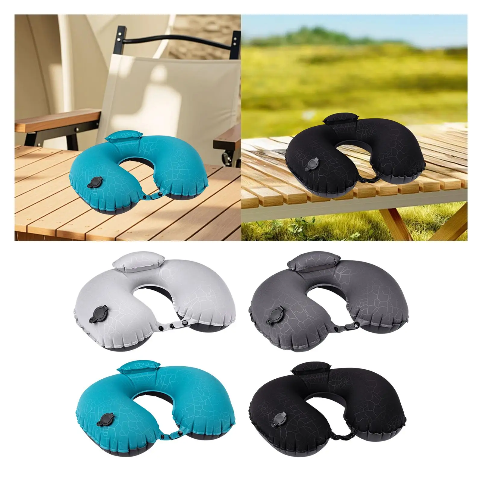 وسادة تخييم قابلة للنفخ، وسادة سفر هوائية على شكل حرف U، دعم للرقبة للمشي لمسافات طويلة