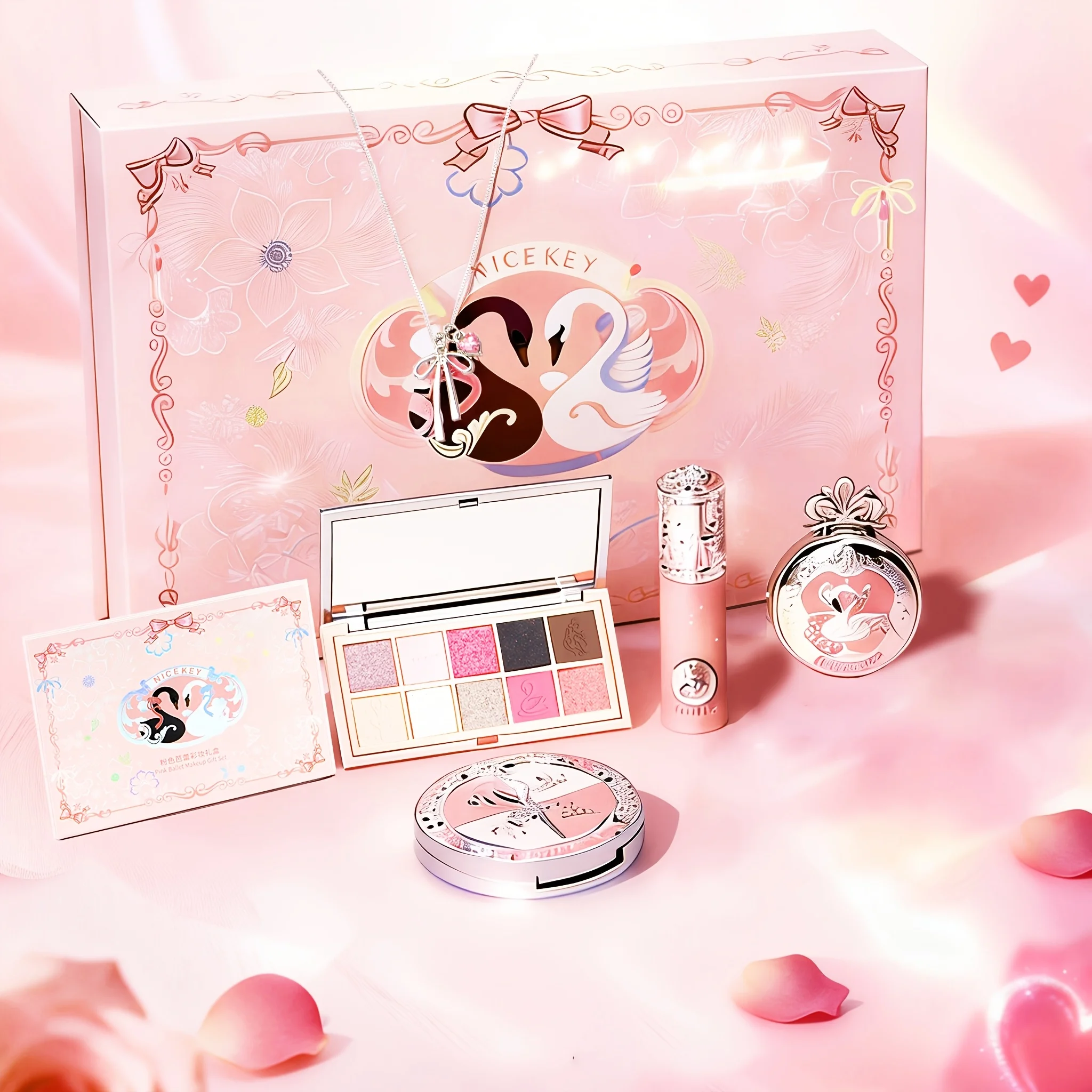 Swan Ballet Makeup Gift Box, Beginner Full Makeup Kit for Students, Complete Eyeshadow & Lipstick Set Affordable, Birthday Gift for Girls, Girlfriend & Bestie, Elegant Present for Party Events