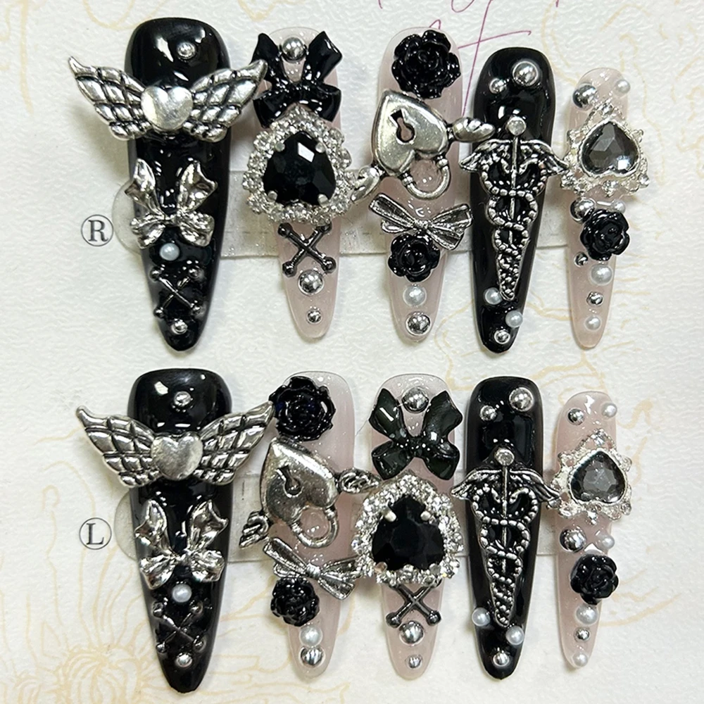 10PCS Jirai Y2K Black Pink Long Tip French Press On Nails Handmade Dark Nail Art 3D Bow Cross Planet Rose Kawaii Cute Fake Nails - view 2