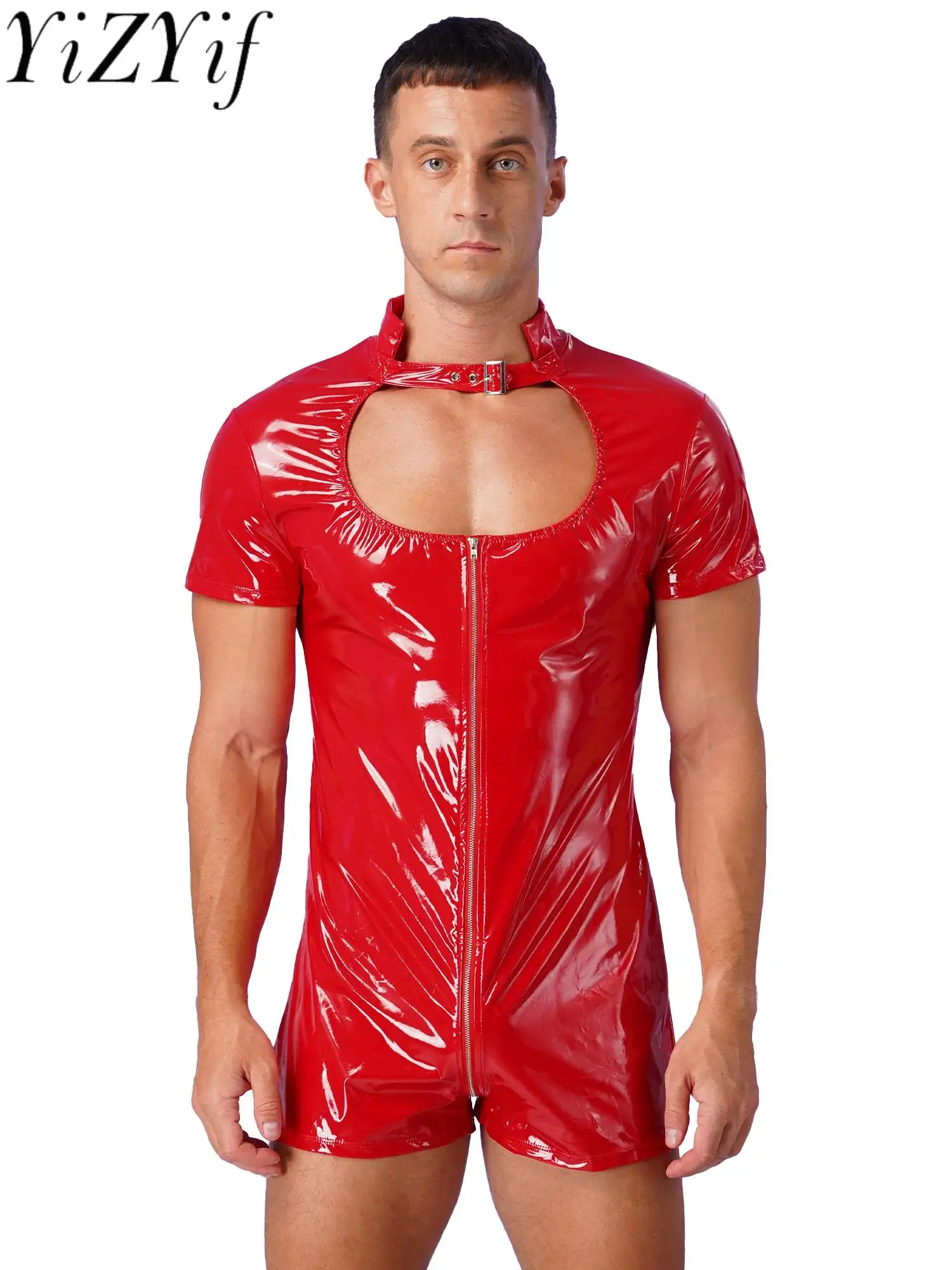 

Mens Catsuit Wet Look Patent Leather Bodysuit Short Sleeve Zipper Jumpsuit Rave Pole Dancing Stage Performance Leotard Clubwear