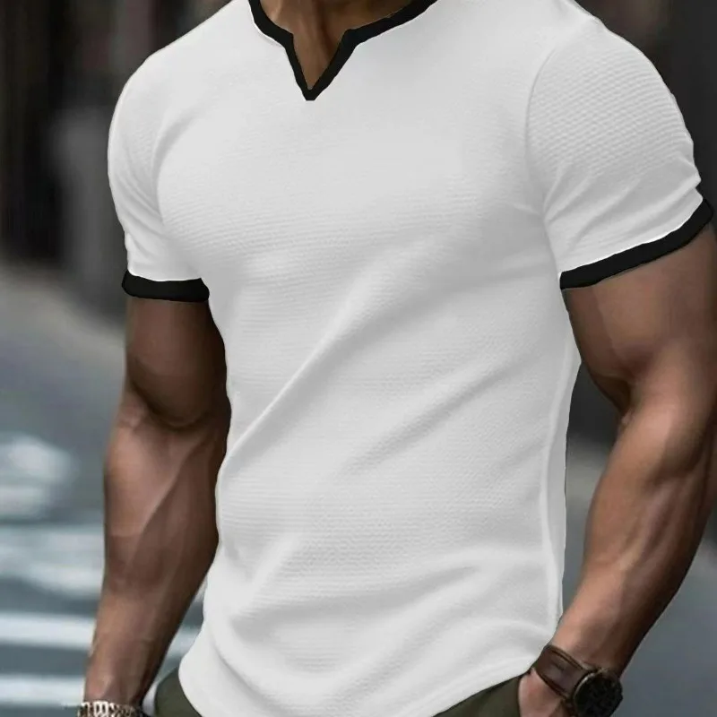 2024 Summer New V-neck Trendy Fashion American Street Solid Short Sleeve T-shirt Men\'s Casual Loose Sports Quick Drying Thin Top