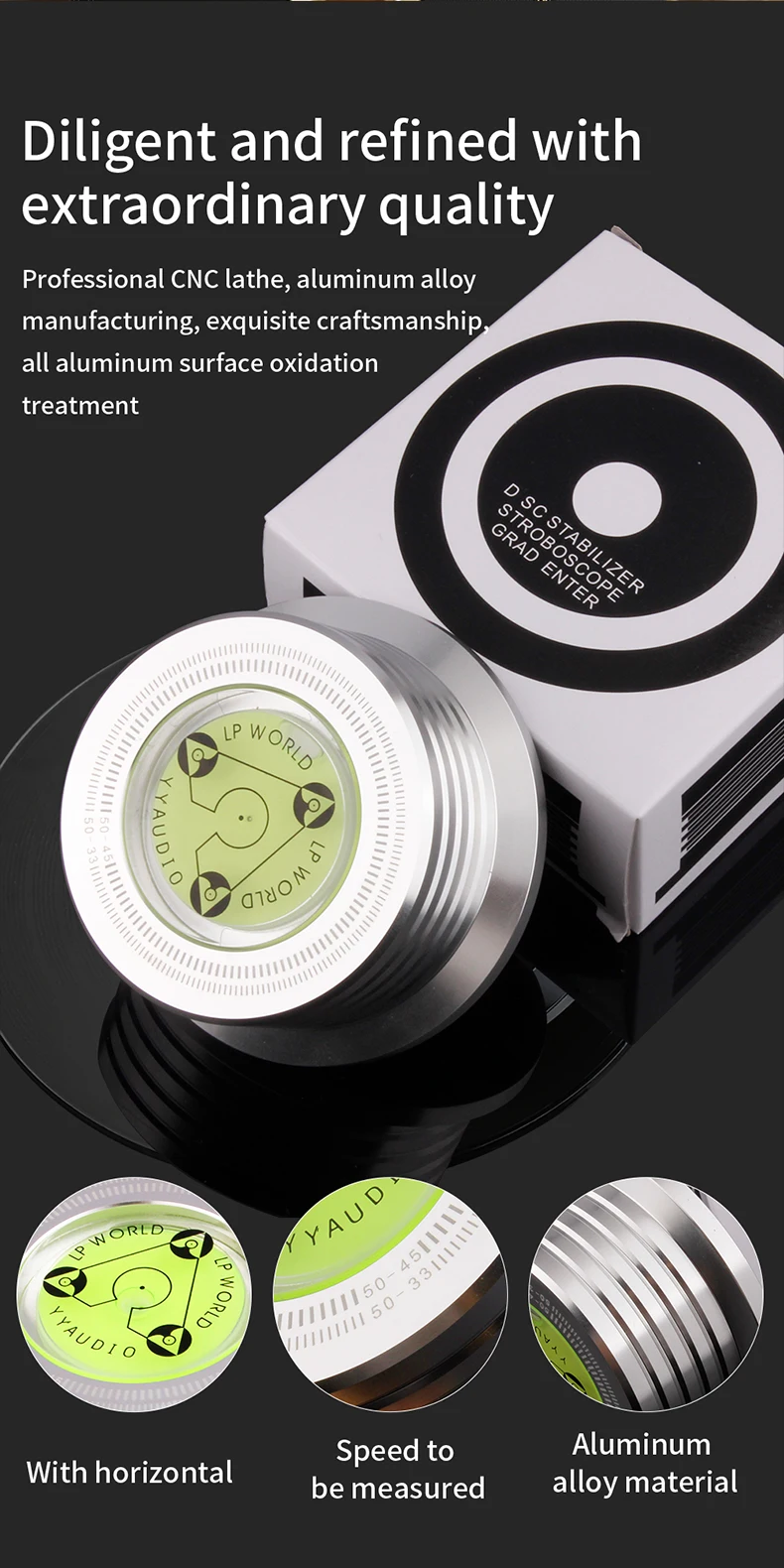 YYAUDIO Universeller 50Hz LP Vinyl-Plattenspieler Stabilisator mit Nivellierungsfunktion Aluminium-Legierung Gewichtsklemme Musikspieler – Detail 4