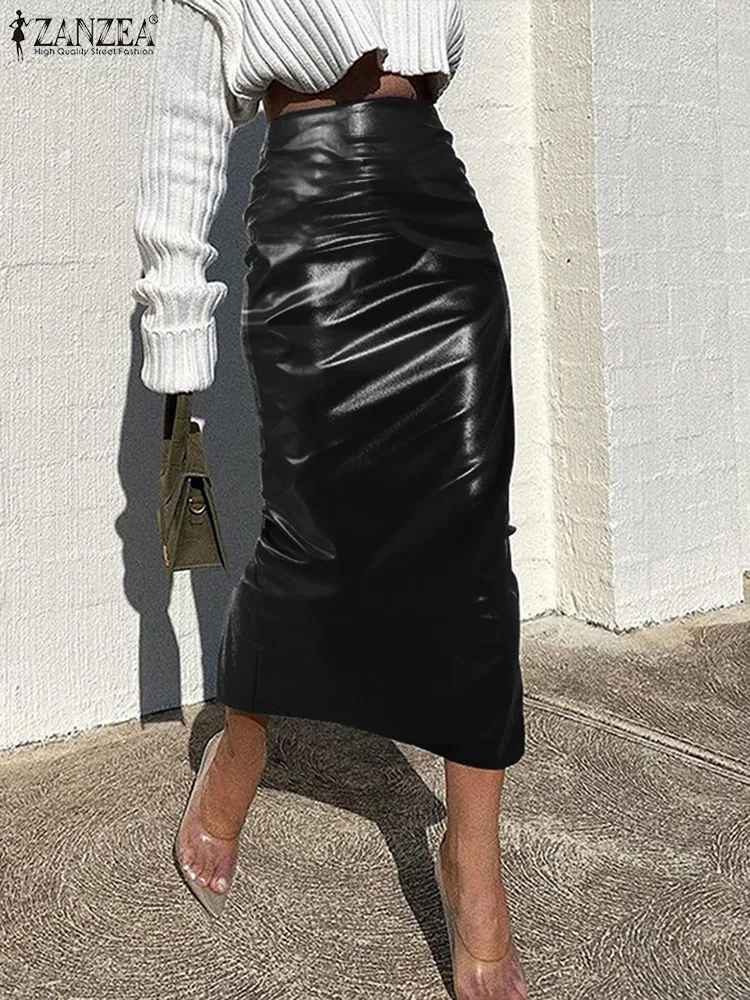 

2023 ZANZEA Sexy Women Long Skirts Fashion Bodycon Autumn PU Leather Midi Skirts High Waist Side Pleats Slit Elegant Skirts