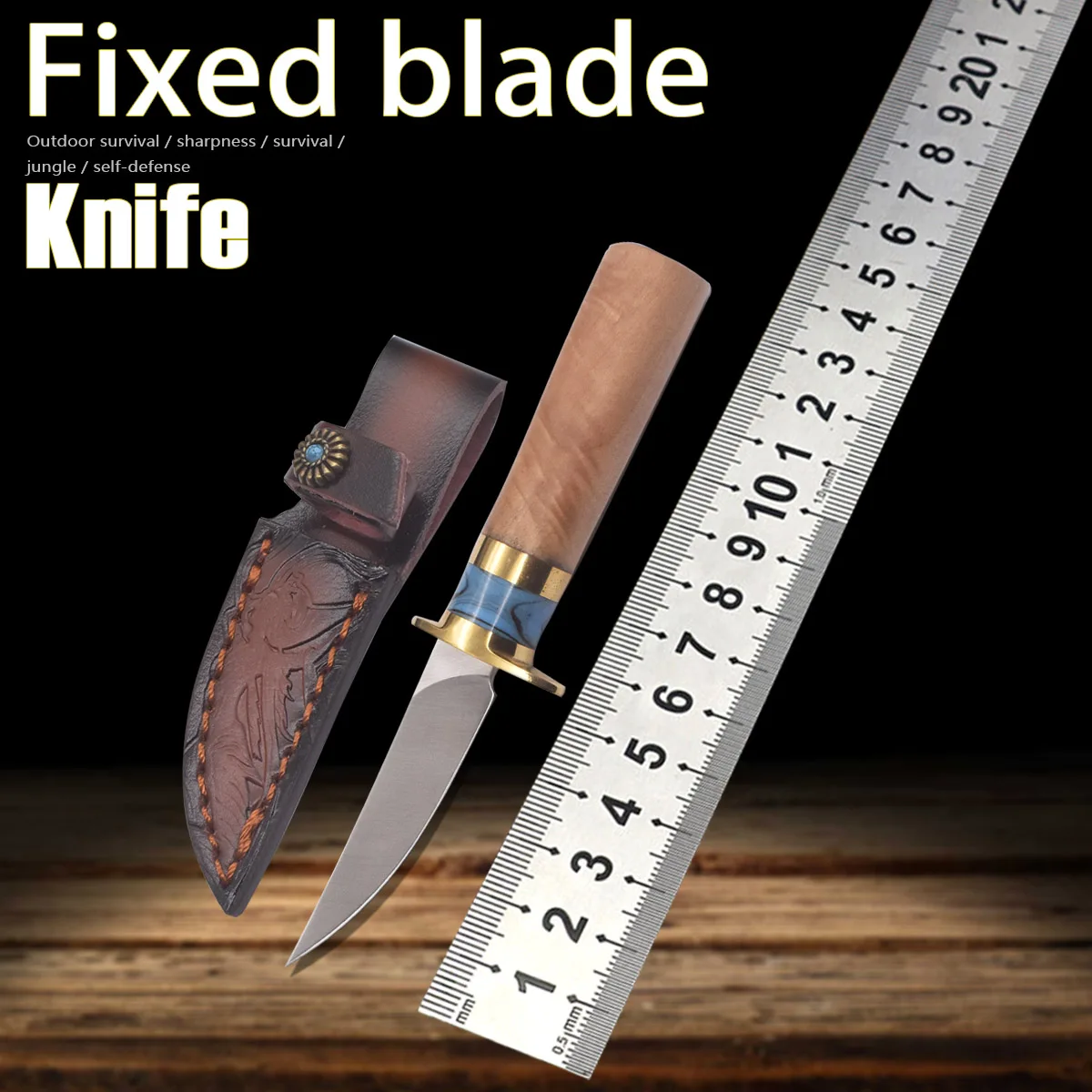 

Mini Outdoor Camping Portable Sharp Wooden Handle Straight Knife, Hunting Survival Camping Fishing Tool Jungle Pocket Knife