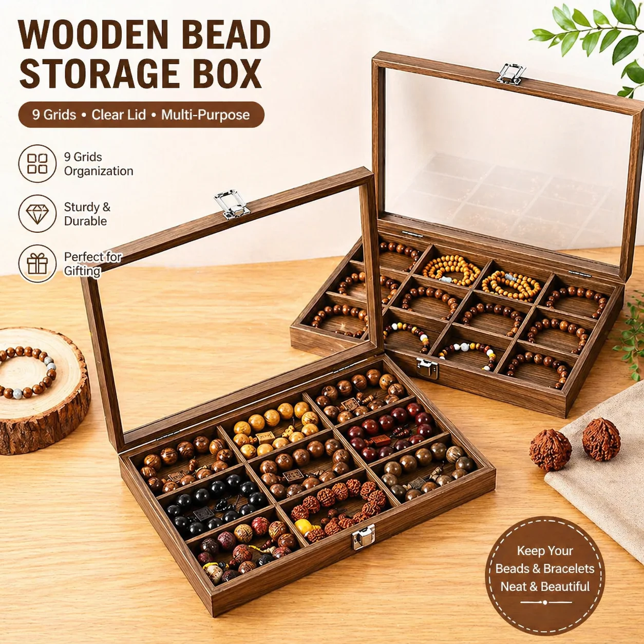 Multi‑Grid Wooden Bead Bracelet Storage Box Transparent Lid Jewelry Display Case 9 Grids Collection Organizer for Prayer Beads T