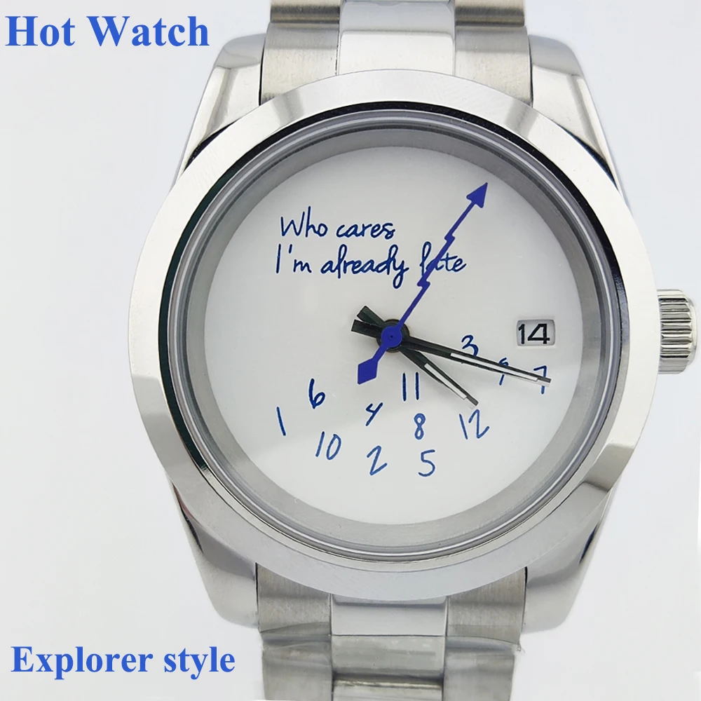 39mm Men Watch Who cares im already late Watch No Logo Blue Dial Sapphire Crystal Glass NH35 Automatic Movement