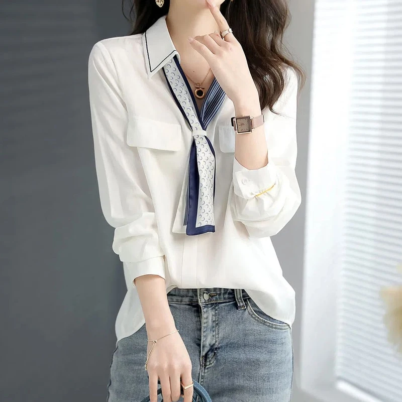 Spring New Office Lady Simplicity V Neck Blouse Long Sleeve Polo Neck Solid Color Loose Shirt Tops Elegant Fashion Women Clothes