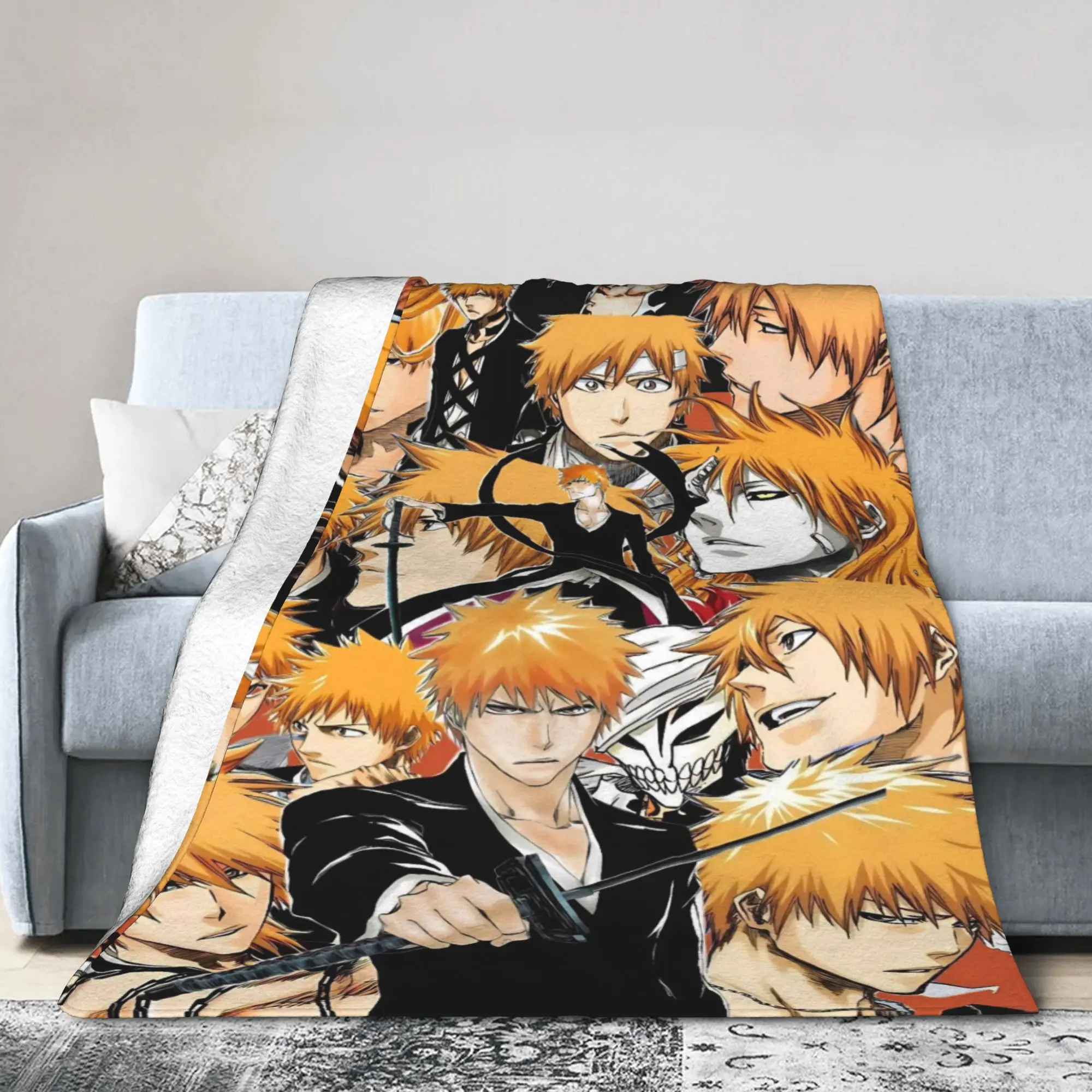 Kurosaki Ichigo Knitted Blankets Bleaches Anime Fuzzy Throw Blanket Home Couch Decoration Soft Warm Bedspreads