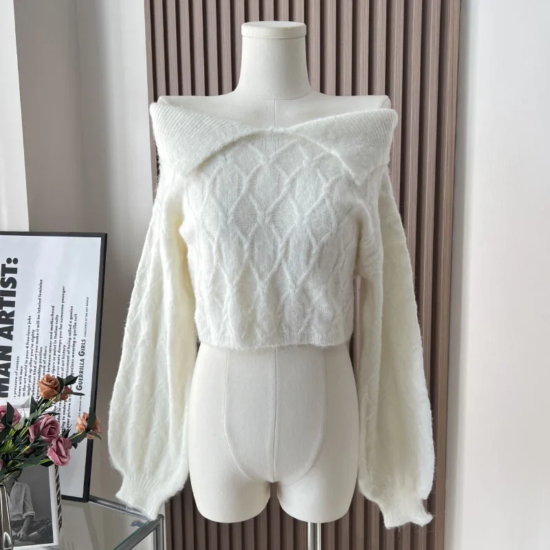 Off-the-shoulder Sexy Lapel Women's Knit Sweater Korean Fashion Chic Women Autumn And Winter  Sweater