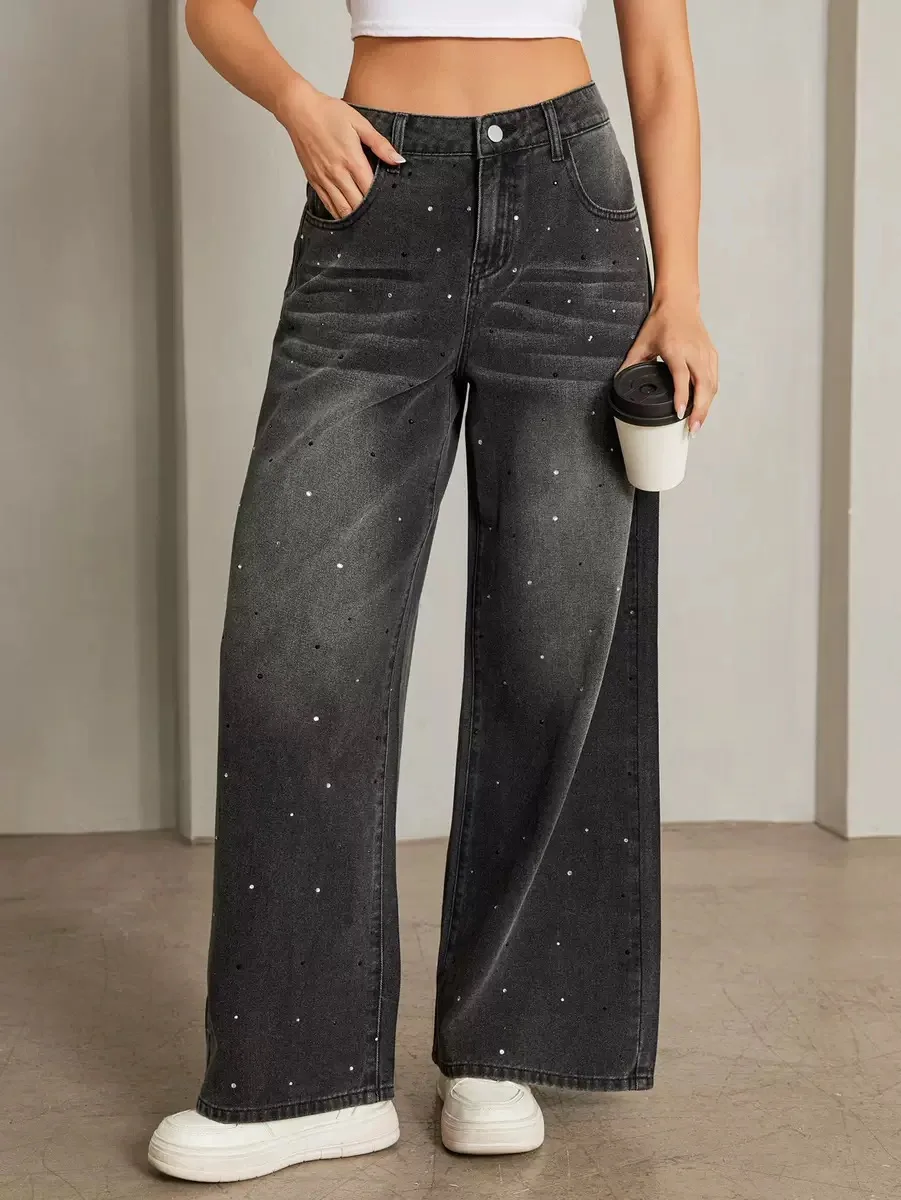 

Женские джинсы с высокой талией и широкими штанинами, повседневные, с блестящими стразами, свободного кроя, весна-осень