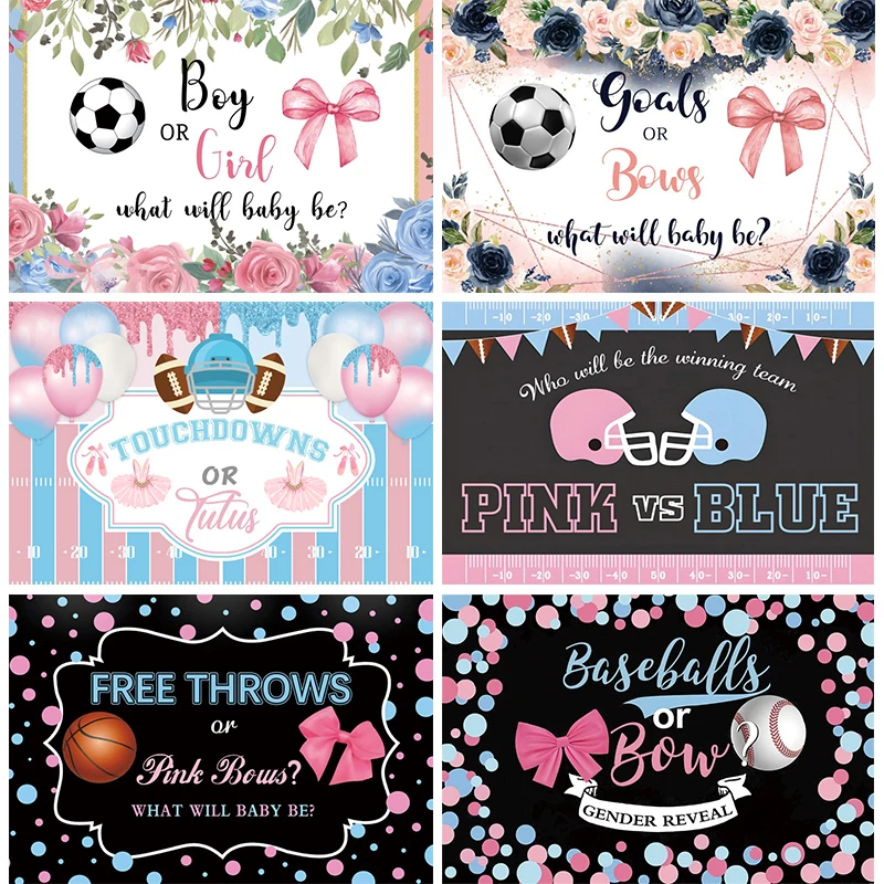 

Boy or Girl Gender Reveal Backdrop Basketball Football Soccer Ball Baby Shower Revelation Party Decorations Background Banner