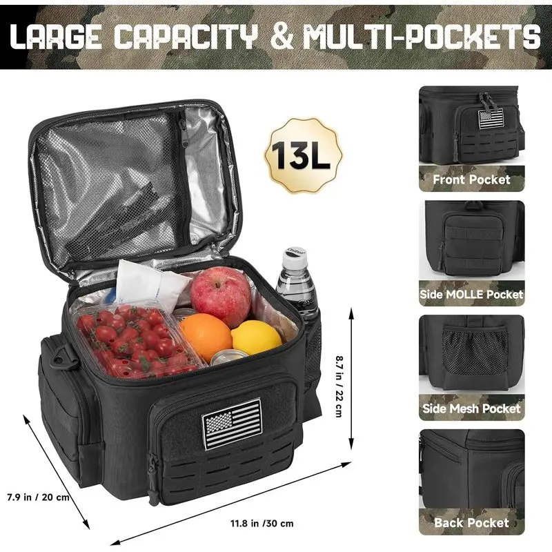 Tactical Style Insulated Lunch Bag 13L MOLLE Cooler Tote With Multi Pockets For Work Camping Picnic