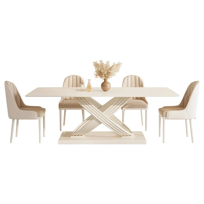 Contemporary Luxury Rectangular Marble Top Dining Table and Chair Set 4 6 Seats Metal White Furniture Dining Room