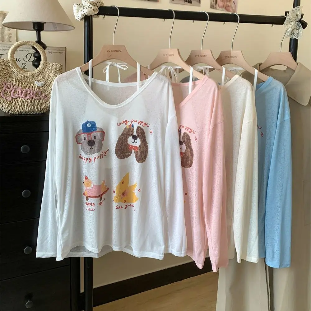 

Thin Dog Print Graphic T-shirt Sunscreen Loose Cartoon Animal Long Sleeved Top Ins Cartoon Round Neck Oversized T-shirt