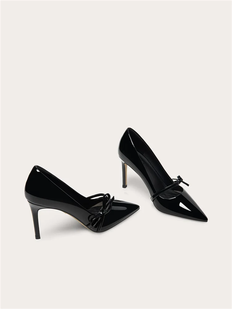 Autumn new pointed patent leather bow single shoes banquet large size small size widened version slim high-heeled women's shoes