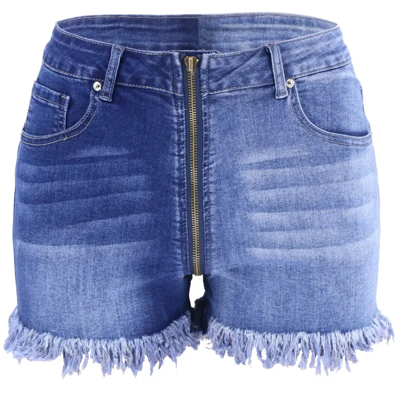 2025 New Spring and Summer Washed Yin-yang Color Casual Denim Shorts. Women's Fashionable Street Zipper High-waisted Short Jeans