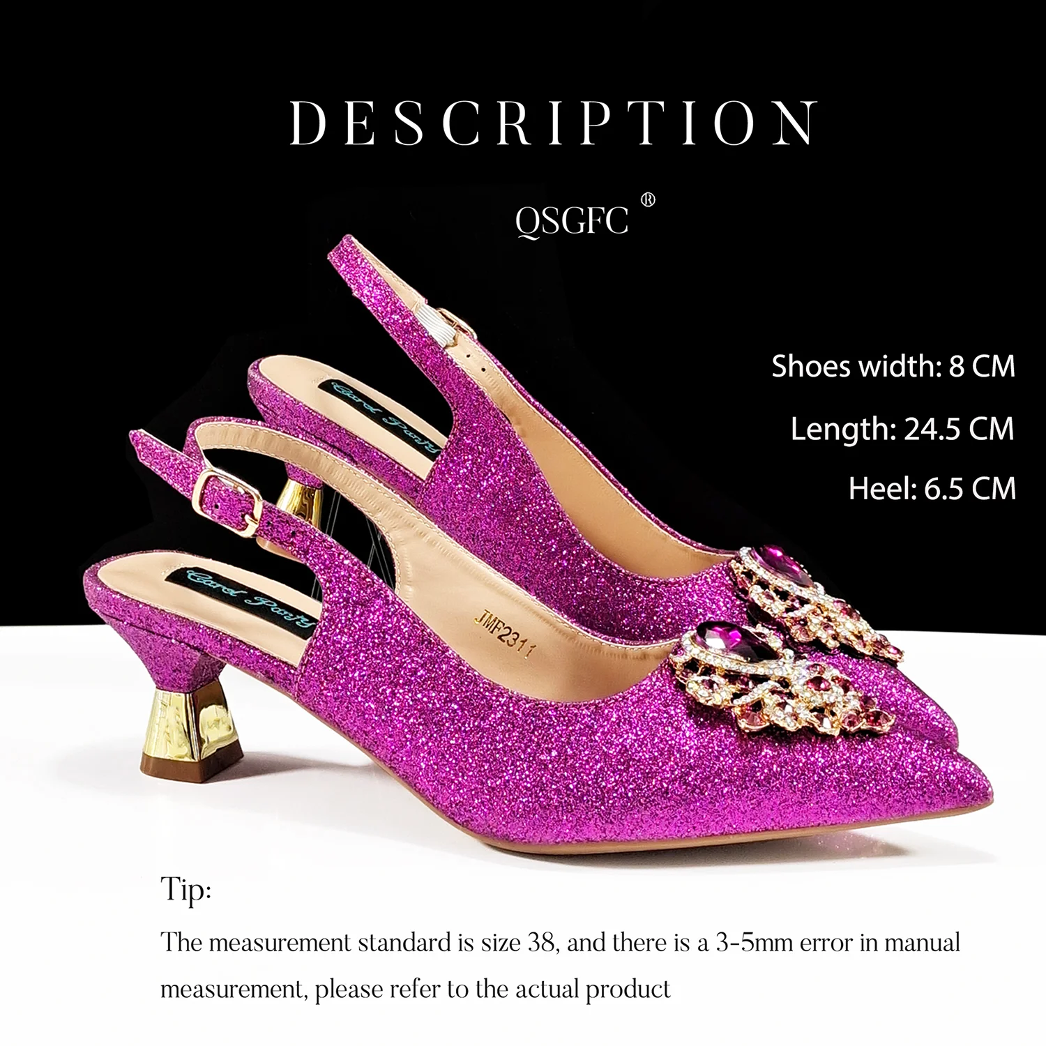 QSGFC włoski design magenta kolor szpiczasty nosek zestaw butów i toreb Rhinestone luksusowe damskie buty na wysokim obcasie na wesele — zdjęcie 3