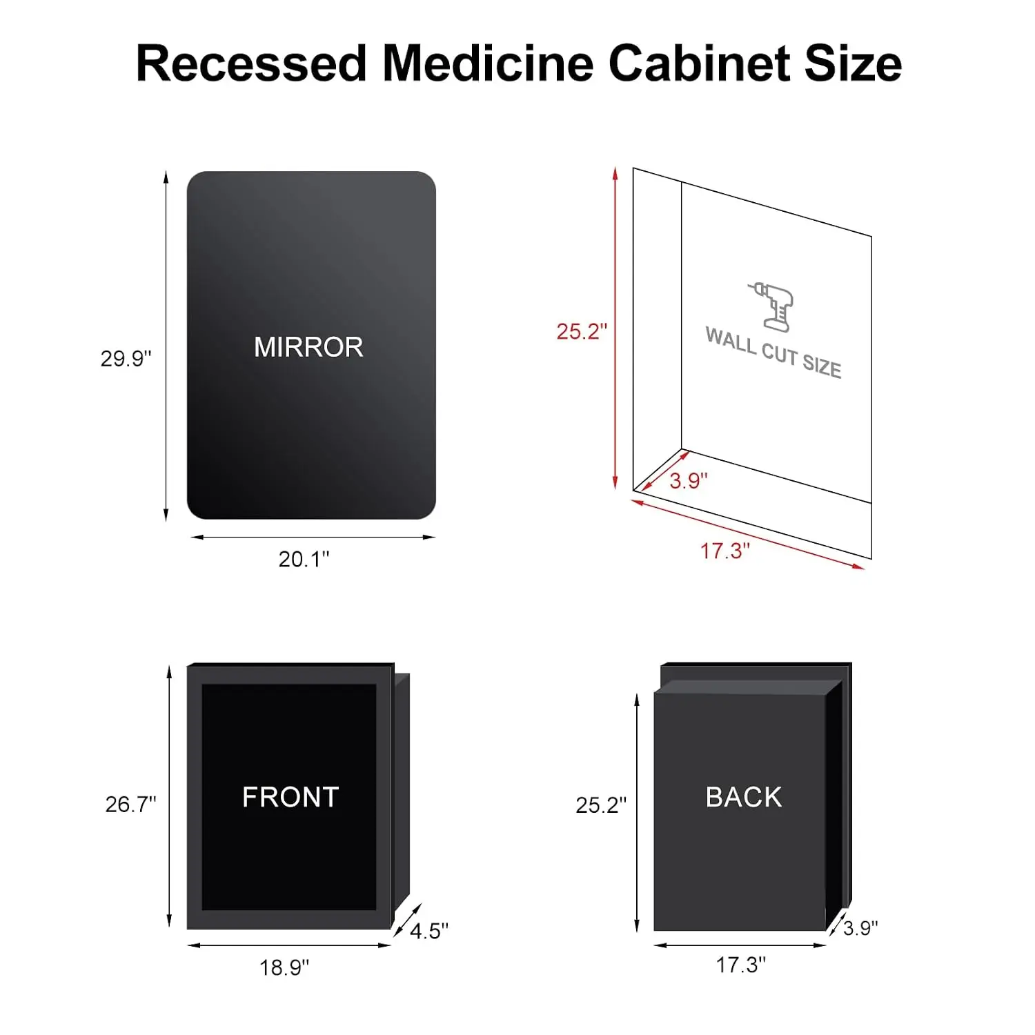 Bathroom Medicine Cabinet LED Backlight Black Metal Frame Wall Recessed Mount Touch Control 3 Color 20x30, Customized