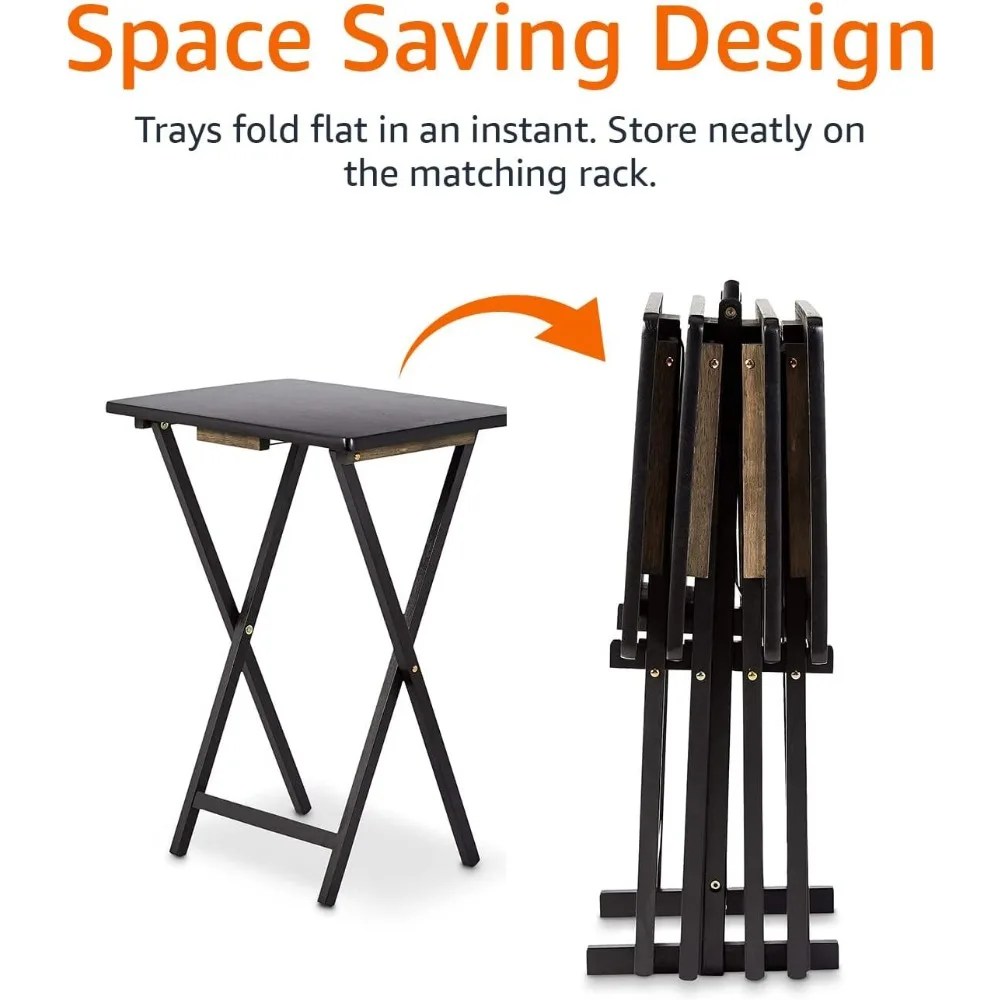 Portable Folding Tray Table Set with Storage Rack, 4-Pack Black Rectangular Design, 15x19x26 Inches