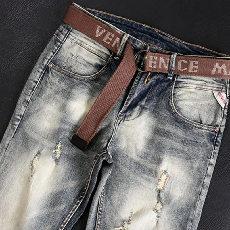 Jeans Hip Hop bordado masculino, elástico lavado, perfurado, elegante, retrô, cinza, azul, designer