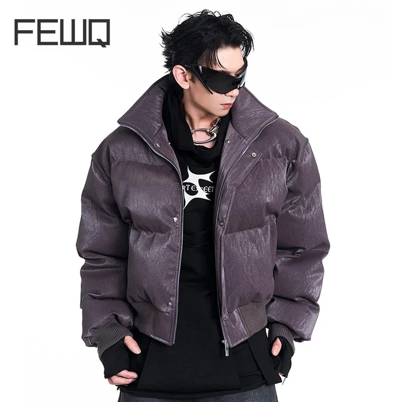 FEWQ Niche Double Collar Design Short Thick Men\'s Cotton Jacket 2024 Winter New Versatile Long Sleeve Glossy Male Coats 24E5007