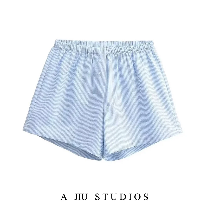 

Американские женские летние повседневные прямые широкие шорты BM Sle сине-белые в полоску на двух пуговицах для дома