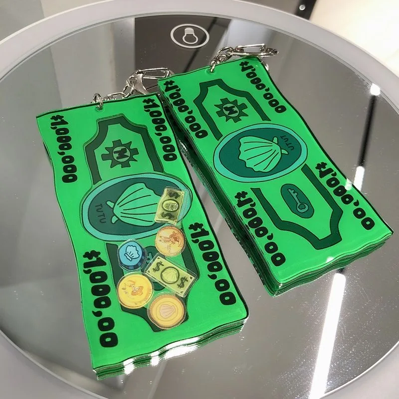 Funny Rectangular Green Banknote Gold Coin Shaker Acrylic Keychain Backpack Pendant Keyring Anime Decor Cosplay Props Gift