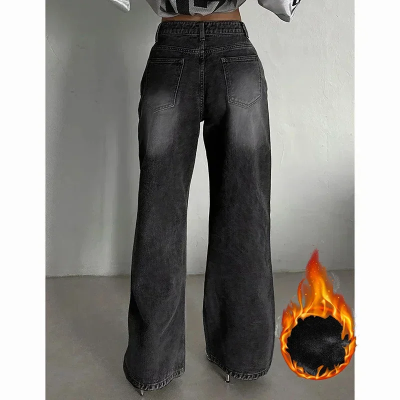 Pantalones vaqueros finos de cintura alta térmicos de felpa para mujer, pantalones vaqueros cálidos de lana para nieve, pantalones de pierna recta cómodos para mujer