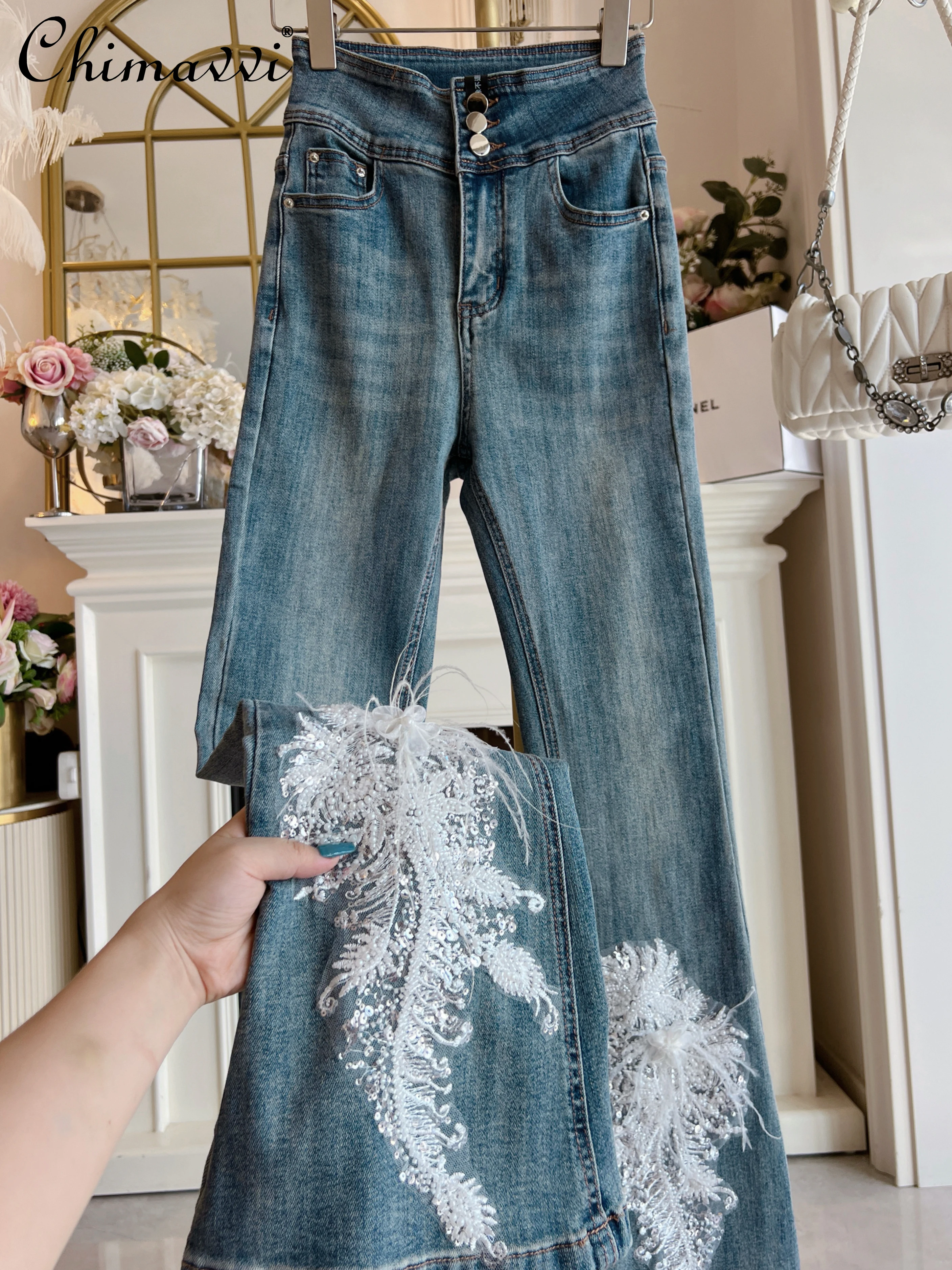 

2025 Autumn and Winter Heavy Feather Blue Jeans for Women Fashion High Waist Slimming Flared Pants Women's Denim Trousers